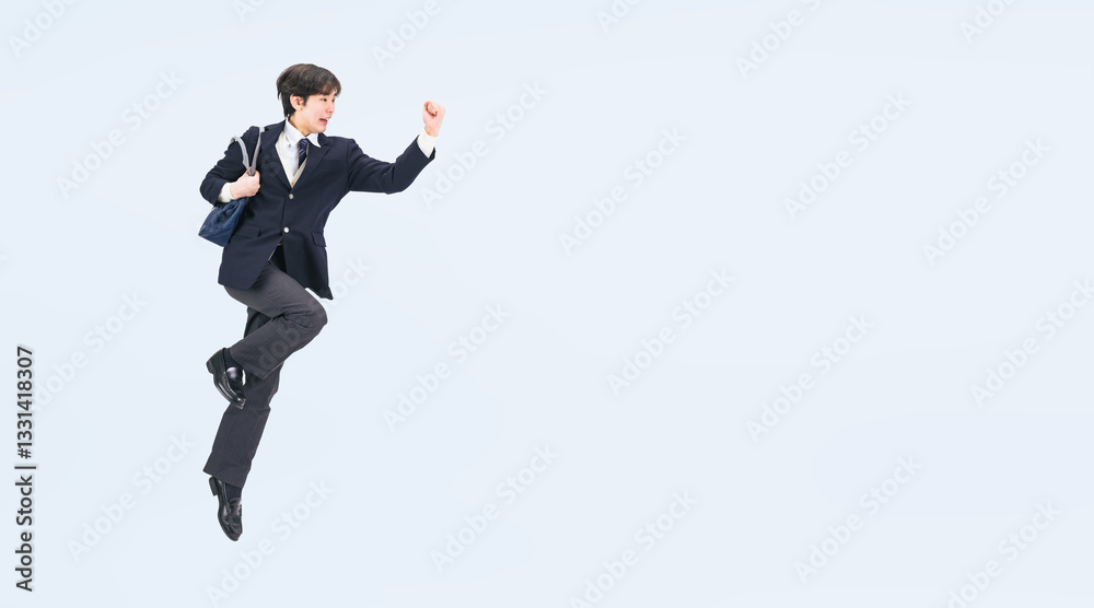Aufkleber ジャンプする制服を着た男子学生の全身写真（切り抜き背景透過pngも販売しております。↓作成者リンクから「png」で検索してください）