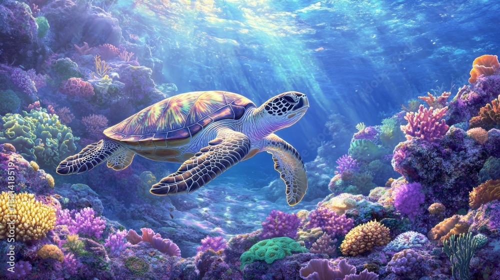 Poster a peaceful image of a sea turtle resting on a rocky seabed, with soft corals and colorful sponges su