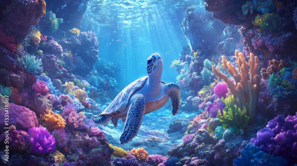 Poster a peaceful image of a sea turtle resting on a rocky seabed, with soft corals and colorful sponges su