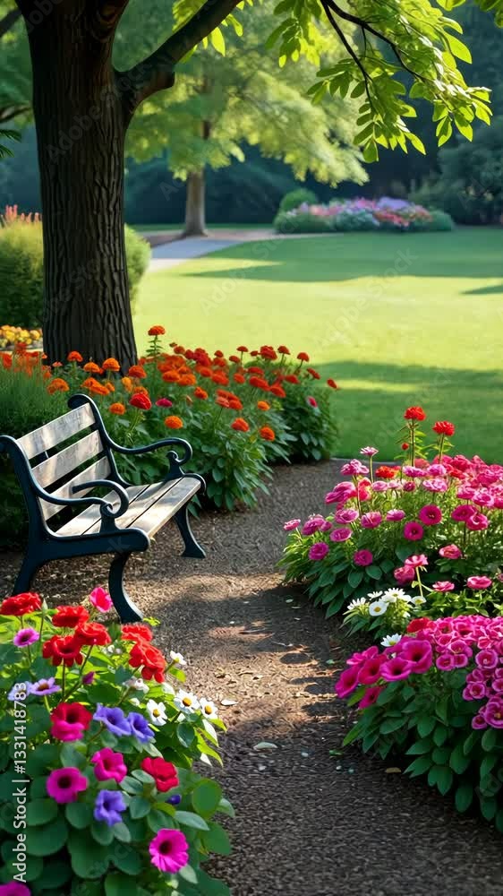 Aufkleber A bench is in a park with a path in front of it. The bench is empty. There are many flowers in the park