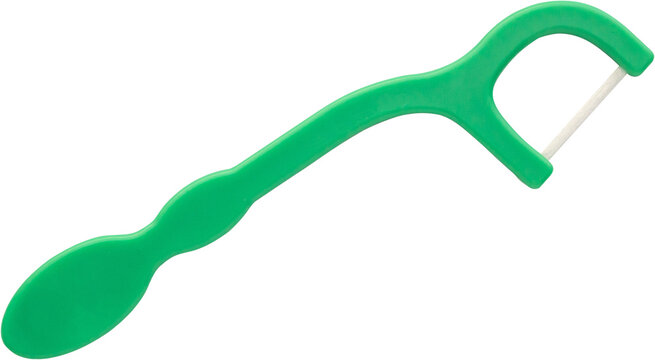 Plastic dental floss pick with handle isolated on white background