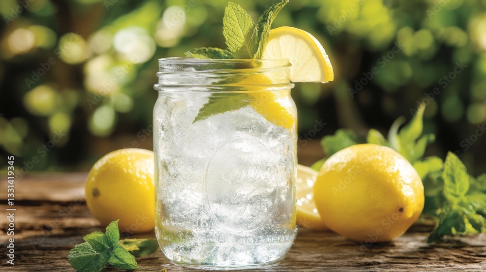 Poster a refreshing soda served in a mason jar with ice, topped with a lemon slice and mint, sitting on a r