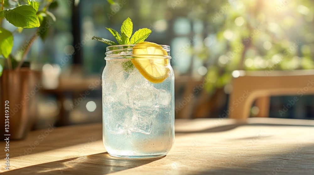 Poster a refreshing soda served in a mason jar with ice, topped with a lemon slice and mint, sitting on a r