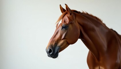 Obraz premium Graceful bay horse looking towards camera in studio, Equestrian, tail, hooves