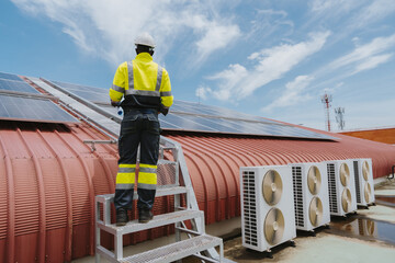 Engineers are checking the hot coil system of the rooftop air conditioner for green energy. Solar...