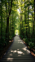 Fototapeta premium Sunlit Wooden Path in Forest