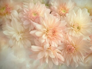 Soft and Delicate Peach and Cream Dahlia Flowers in a Blooming Arrangement on a Light Background