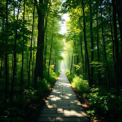 Obraz premium Sunlit Wooden Path in Forest
