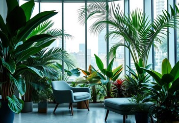 Fototapeta premium Grey armchair by panoramic window, lush indoor plants, monstera, palm trees, urban jungle, biophilic design, minimalist, monstera