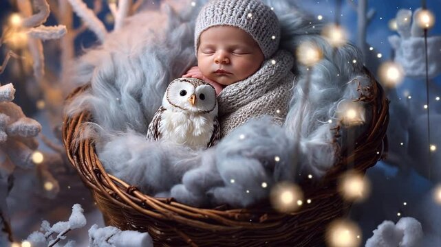 Baby schl&auml;ft friedlich mit einer kleinen Eule auf einer flauschigen Wolkendecke