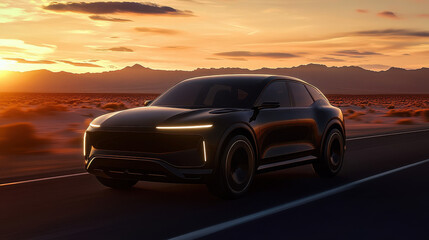 Obraz premium A sleek and modern SUV, captured in motion on an open road at sunset
