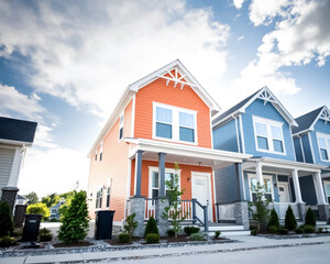 two-toned houses with contrasting colors and architectural details.