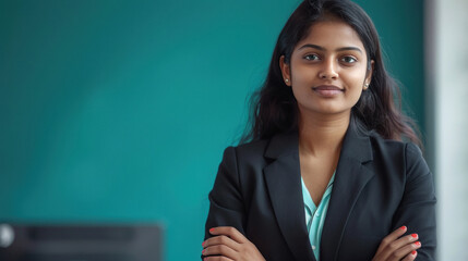 A business indian girl confidently discussing project details with clients in the modern office room