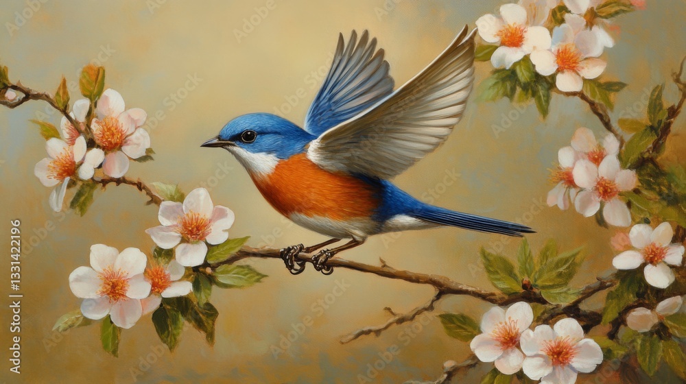 Poster a vibrant bluebird in full flight, captured in sharp detail as it flits between branches, surrounded