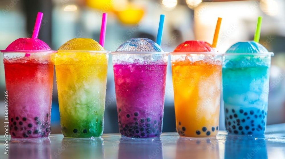 Poster A vibrant display of different bubble tea flavors in clear cups, each topped with colorful lids and filled with ice, showcasing the variety of this popular drink.