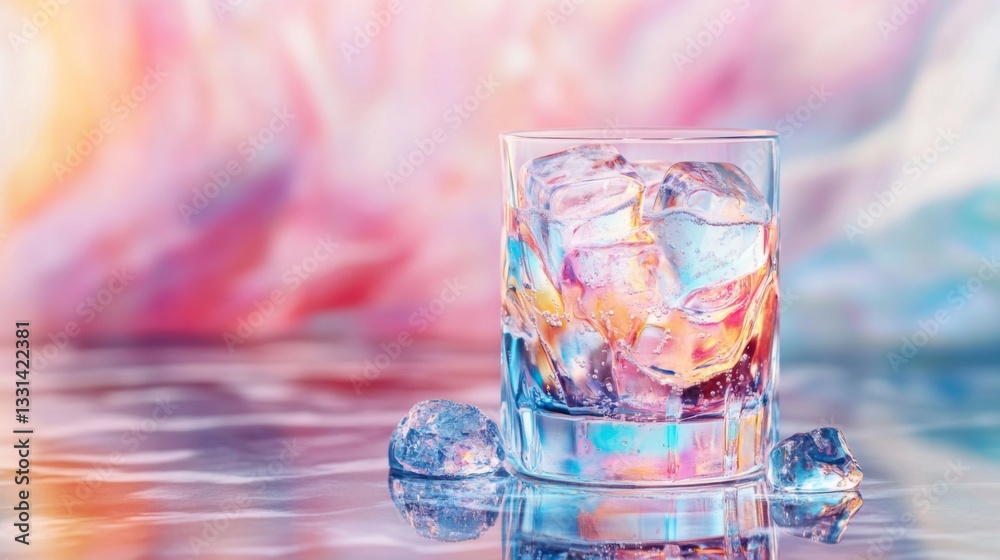 Aufkleber a vibrant glass of soda with colorful bubbles and ice cubes, positioned on a marble countertop, with