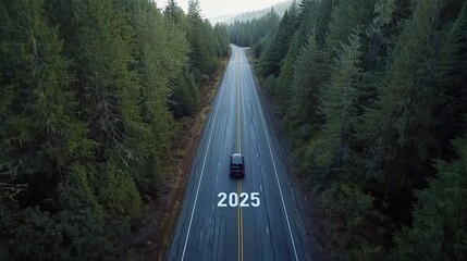 A dark SUV drives down a long road through a lush evergreen forest towards the year 2025