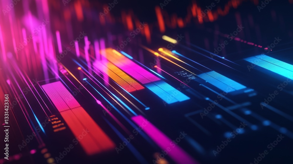 Poster close-up of a colorful business graph with bars and lines, displaying financial growth and market tr