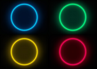glowing neon circles in blue green yellow red grid, modern technology concept, vibrant light display