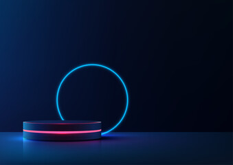 futuristic glowing blue pink cylindrical pedestal with neon circle technology concept