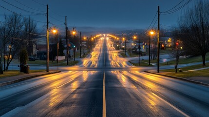 Streetlights glowing on an empty city road at dawn, with the first hints of sunlight in the sky and a serene, quiet morning atmosphere.
