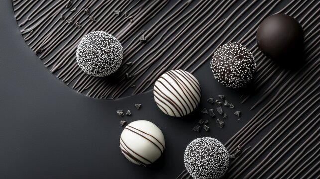Four chocolate truffles arranged on a black surface with diagonal lines. the truffels are round and have a white base with black and white speckles on top.