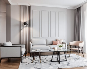 Fototapeta premium modern gray living room interior with elegant sofa and armchairs