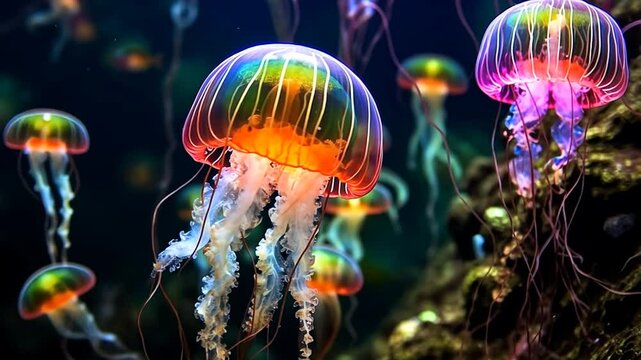 Leuchtende Quallen schweben in tiefblauem Ozeanwasser