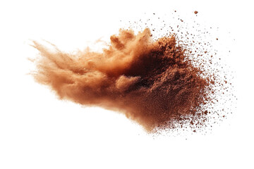 Dust cloud formation with brown powder against a white backdrop