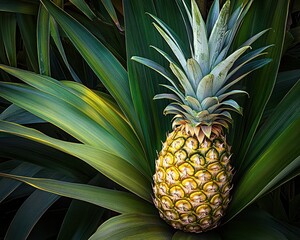 Obraz premium A vibrant pineapple is growing on a lush green plant, its spiky crown and textured skin contrasting beautifully with the surrounding foliage, showcasing nature's tropical bounty.