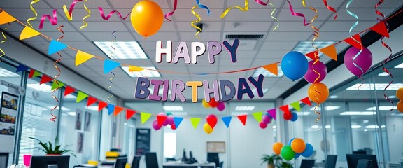 Happy birthday office decorations, colorful streamers and balloons, writing, balloons