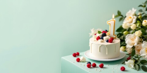 A festive cake for a first birthday adorned with fresh berries, flowers, and a number one candle, set against a minimalist pastel background.