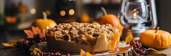Nostalgic caramel-drizzled apple crumble with autumn decorations – Perfect for autumn recipes, cozy fall settings, or nostalgic food content.