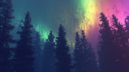 Aurora borealis night sky over forest, mystical background