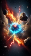 Cosmic explosion in space asteroids surrounding a fiery blue orb of energy