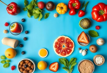 Healthy breakfast ingredients arranged in a square frame on a blue background Top view with copy space, cornflakes, breakfast food