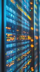 Abstract close up of a server rack with glowing blue and orange lights, showcasing intricate details of data processing.