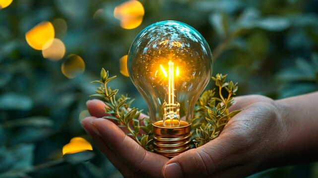 Gl&uuml;hbirne in Hand mit Bl&auml;ttern symbolisiert nachhaltige Energie