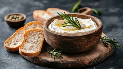 Wooden bowl filled with a creamy white dip, garnished with a sprig of rosemary. the bowl is placed on a wooden cutting board with a few slices of bread scattered around it.
