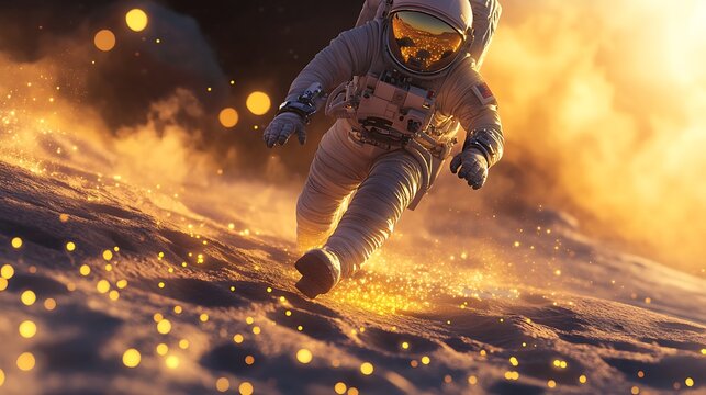Astronaut walking on planet, dust and lights effect