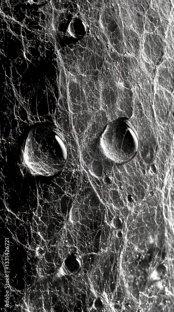 Poster abstract grayscale image featuring a textured surface with various sized craters or holes. the textu
