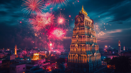 Traditional Tamil New Year night scene with a dazzling temple and fireworks, representing faith, new beginnings, and festive joy.
