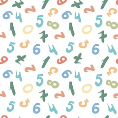 A fun pastel seamless pattern with numbers. Multi-colored numbers in doodle style. illustration for fabric design, kids wear, accessories