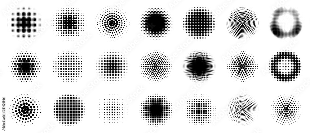 Wall mural dot pattern halftone. half radial icon. tone raster frame. gradient round logo. comic brushstroke. e