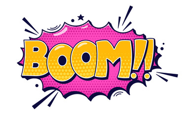 Comic speech bubble Boom. Yellow text on purple background. © Aleksandra Abramova