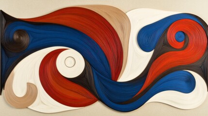 Abstract art piece featuring swirling blue, red, and beige forms on a textured off white background. The artwork displays organic shapes and a dynamic composition.