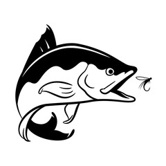 tuna fish graphic, fly fishing illustration with black lines on white background
