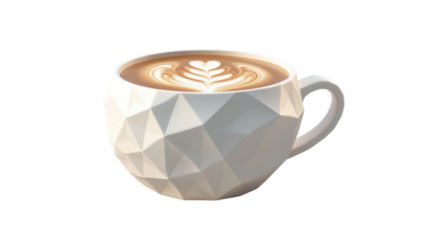 Beautifully crafted latte art in a geometric cup on a white background showcasing modern design aesthetics