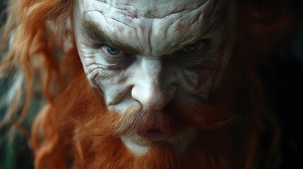 Angry red-bearded leprechaun close-up portrait