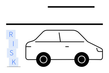 Naklejka premium Black outlined car over stacked RISK blocks and horizontal lines suggest balance, safety concerns, and risk management. Ideal for insurance, security, automotive, business strategy, decision-making